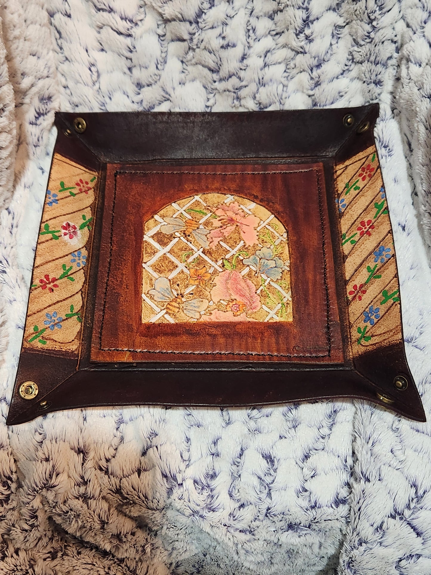 Handcrafted Floral Leather Valet Tray