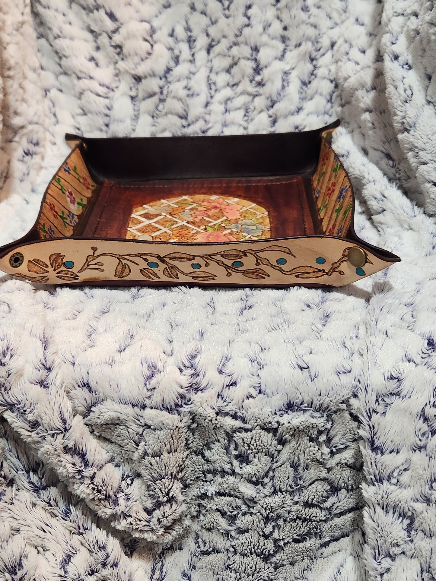 Handcrafted Floral Leather Valet Tray