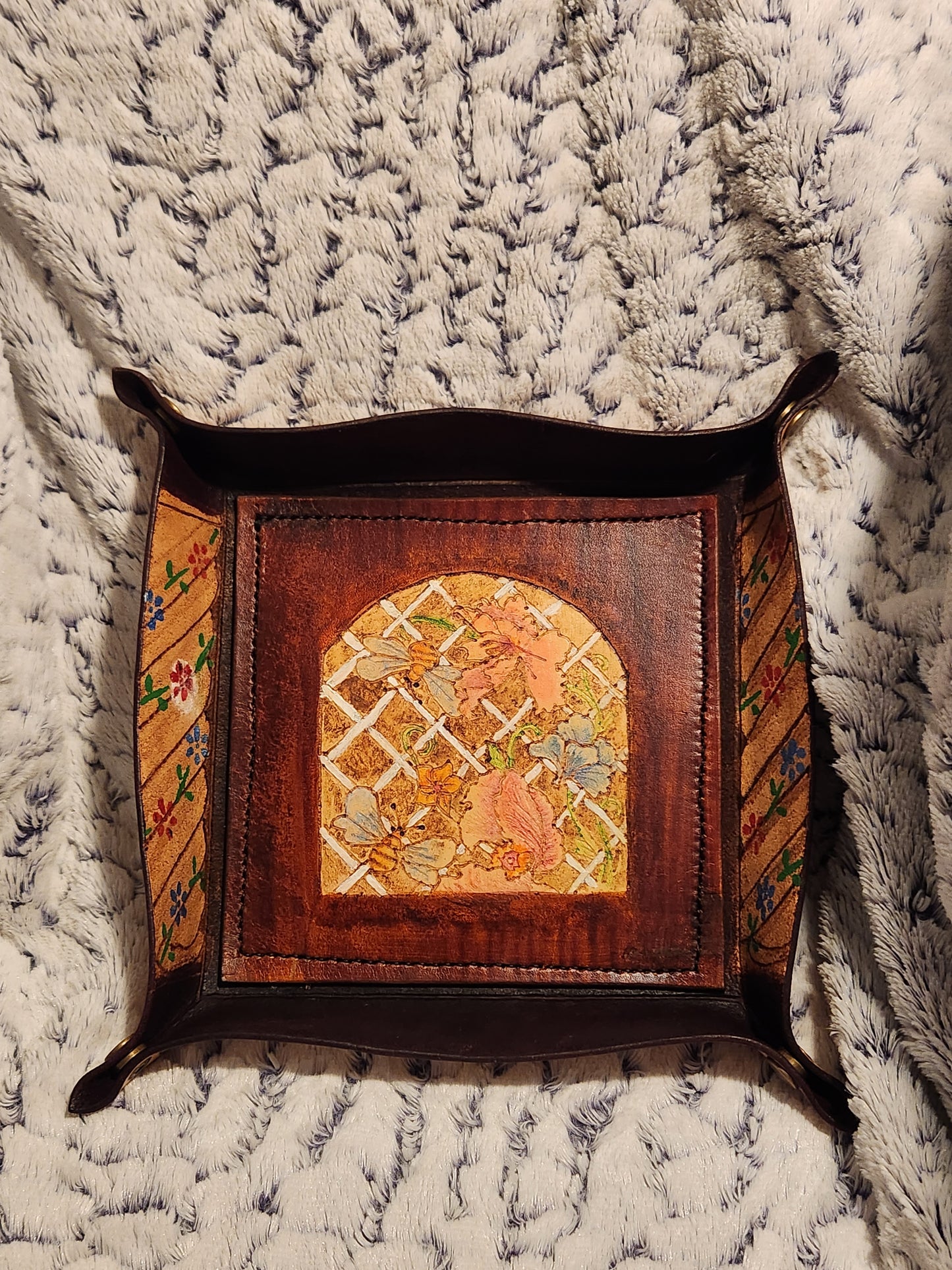 Handcrafted Floral Leather Valet Tray