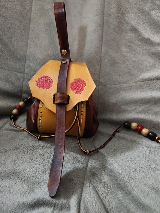 Handcrafted Leather Rose Drawstring Pouch